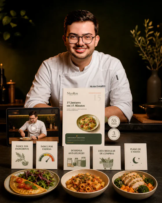 Chef Nícollas Evangelista apresentando o guia 15 Jantares em 15 Minutos, a videoaula e os bônus