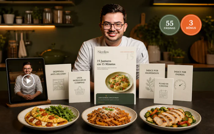 Chef Nícollas Evangelista com o guia 15 Jantares em 15 Minutos, videoaula, bônus e pratos do guia